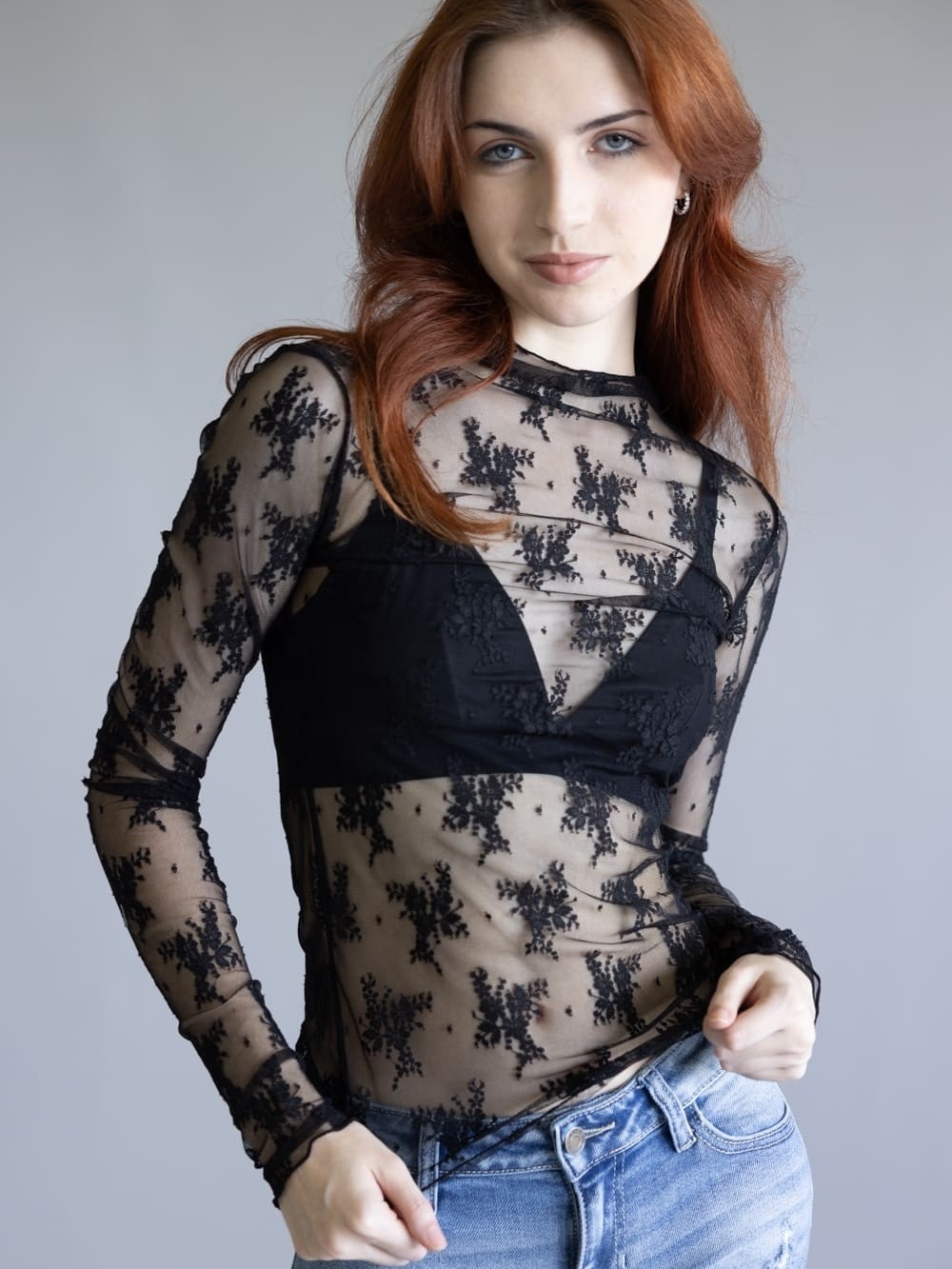 Free People Sheer Black Floral Lace Long-Sleeve Top Size M
